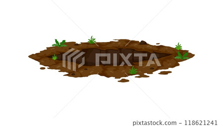 Ground hole or dip pit burrow in earth soil with grass and dirty stones on edges, cartoon vector. Dig pit hole hollow or underground burrow of groundhog or mole in garden or forest ground soil Ground hole or dip pit burrow in earth soil with grass and dirty stones on edges, cartoon vector. Dig pit hole hollow or underground burrow of groundhog or mole in garden or forest ground soil 118621241