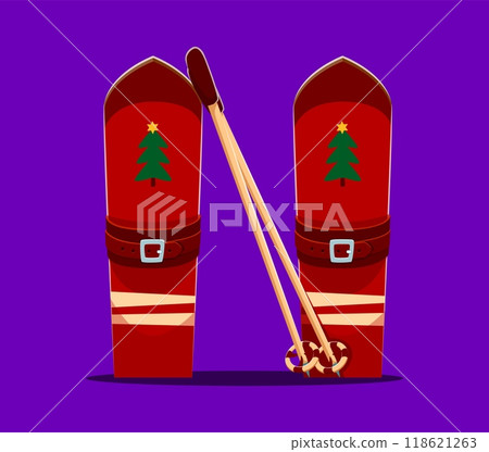 Merry Christmas font alphabet, letter N as skis for winter holiday, cartoon vector type. Christmas font or greeting festive typeface and New Year alphabet of letter N as Santa skis with Xmas tree 118621263