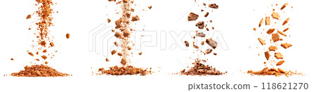 A set of cookie crumbs falling and gathering in a pile, isolated on a transparent background. Concept of baking, texture, and crumbling. 118621270