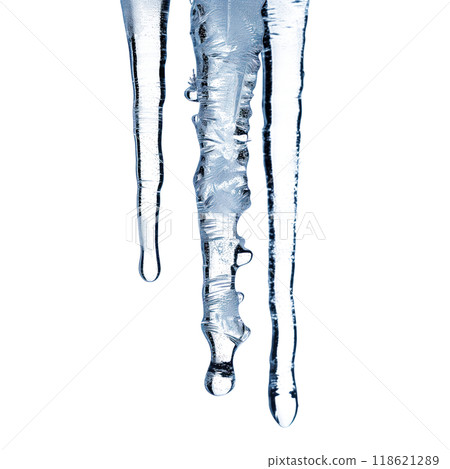 Close-up of icicles hanging from a surface, isolated on a transparent background. Symbolizes cold, winter, and frozen water. Perfect for winter projects, seasonal decorations. 118621289