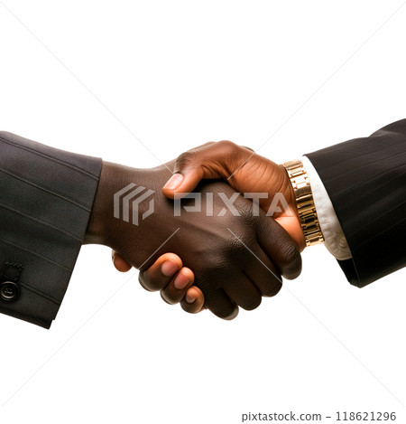 Business handshake with a black men in suits, isolated on a transparent background. Symbolizes cross-cultural cooperation, partnership, and business relations. 118621296