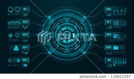 HUD infographics, vector graphic elements of UI user interface screen. Future digital technologies and space game hologram dashboard with infographic charts. Virtual heads up display infographics 118621297