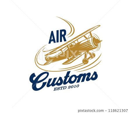 Airplane or retro aircraft icon for aviation badge of pilot aviator, vector emblem. Propeller airplane on flight in sky for customs aviation and aviator academy or pilot club emblem or T-shirt print 118621307