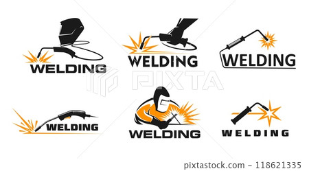 Weld icons, welders with metal work tools, sparks, welding torches, masks and gloves. Vector weld fabrication, metal construction workshop or plumbing service worker with gas metal arc welding machine 118621335