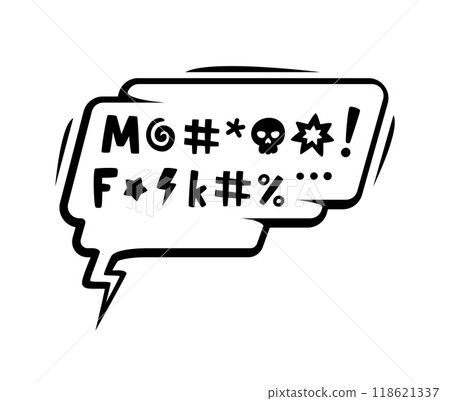 Comic swear curse in speech bubble, expletive angry bad word in message cloud, cartoon vector. Comic swear speech bubble with censored explicit text symbols for hate and anger emoji or yell scream 118621337