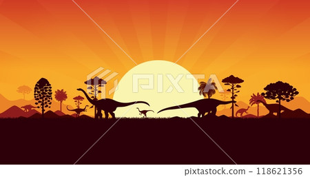 Dinosaurs silhouettes on sunset prehistoric landscape with palm trees, hills and plants. Vector serene background with dino species shadows roaming peacefully in front of large sun in orange dusk sky Dinosaurs silhouettes on sunset prehistoric landscape with palm trees, hills and plants. Vector serene background with dino species shadows roaming peacefully in front of large sun in orange dusk sky 118621356
