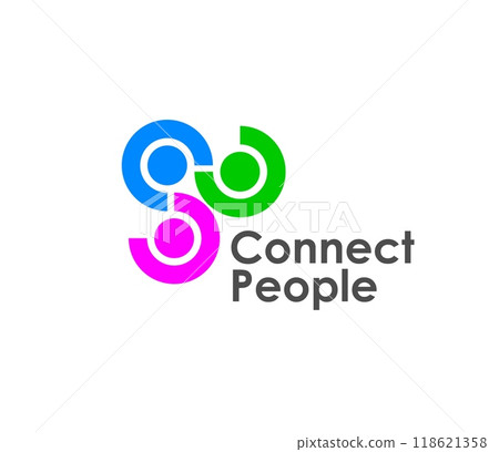 Connect people together icon representing connectivity and unity. Vector emblem featuring interlinked circular shapes in blue, green and pink, symbolizes teamwork, collaboration, union, cooperation 118621358