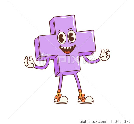 Cartoon groovy math figure of plus sign character with funky face, vector retro comic. 70s hippie or groovy retro cartoon mathematic sign of addition with happy crazy smile for freaky math emoji 118621382