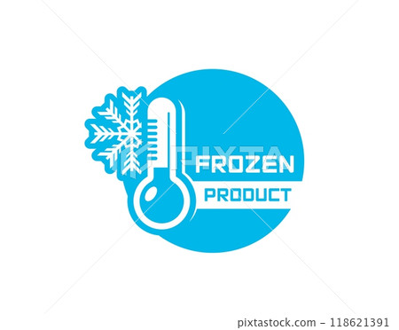 Frozen food product icon of blue ice crystal or snowflake with thermometer, vector symbol. Frozen product label with snowflake for fresh refrigerated meat, fish seafood or cold food package label Frozen food product icon of blue ice crystal or snowflake with thermometer, vector symbol. Frozen product label with snowflake for fresh refrigerated meat, fish seafood or cold food package label 118621391