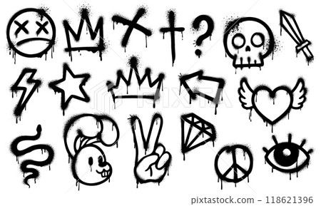 Graffiti spray paint, grunge ink elements of vector street art. Black spray paint heart, star, crown, dead smile emoji and peace symbol, drips and splashes. Graffiti arrow, skull, lightning and eye Graffiti spray paint, grunge ink elements of vector street art. Black spray paint heart, star, crown, dead smile emoji and peace symbol, drips and splashes. Graffiti arrow, skull, lightning and eye 118621396