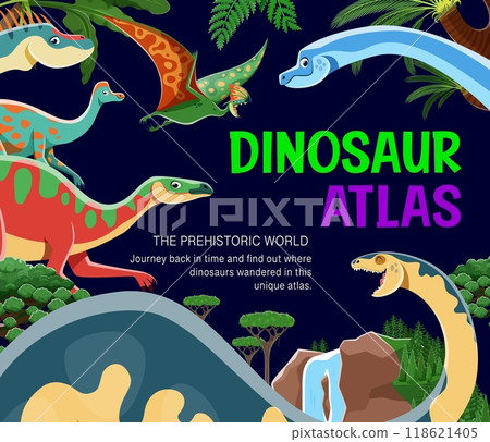 Prehistoric dinosaurs atlas book cover with Jurassic era lizards, vector cartoon background. Prehistoric dinosaurs or dino world atlas of extinct animals for kids book cover with giant lizards 118621405