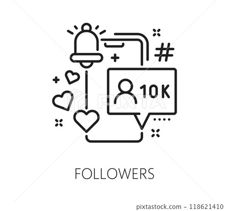 Blogging line icon of social media followers for video content and vlogging, vector pictogram. Social media icon of blogger followers, subscriptions and hashtag post likes for digital monetization 118621410