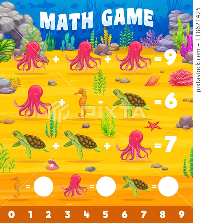 Math game worksheet with underwater sea animals like octopus, seahorse and turtle. Cartoon vector kids riddle encourage problem-solving and arithmetic skills through addition and subtraction exercises Math game worksheet with underwater sea animals like octopus, seahorse and turtle. Cartoon vector kids riddle encourage problem-solving and arithmetic skills through addition and subtraction exercises 118621425