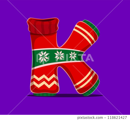 Christmas font alphabet, letter K as knitted sweater for Xmas winter holiday greetings type, cartoon vector. Merry Christmas font or New Year festive typeface, letter K as winter sock or sweater 118621427