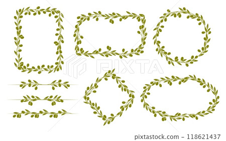 Olive leaves frame and border lines with green tree branches and fruits, vector olive oil, agriculture and mediterranean food. Isolated round and square wreath frames, border lines and dividers set 118621437