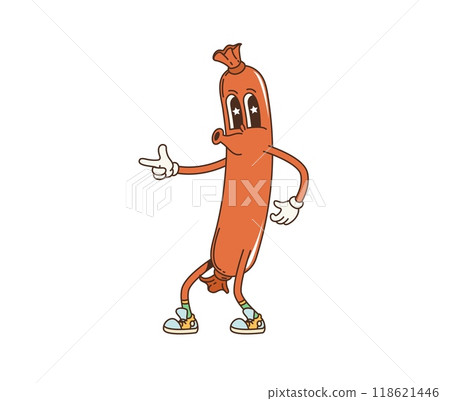 Retro cartoon groovy breakfast sausage character. Isolated vector joyful food personage with funny face and gun hand gesture. Vintage sausage personage wearing shoes and exudes a lively and funky vibe 118621446