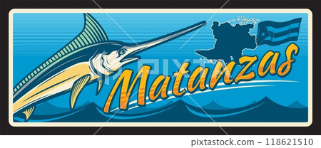 Matanzas province in Cuba, Cuban territory or area. Vector travel plate, vintage tin sign, retro welcoming postcard design. Souvenir plaque with flag and map, fish and waves of sea 118621510