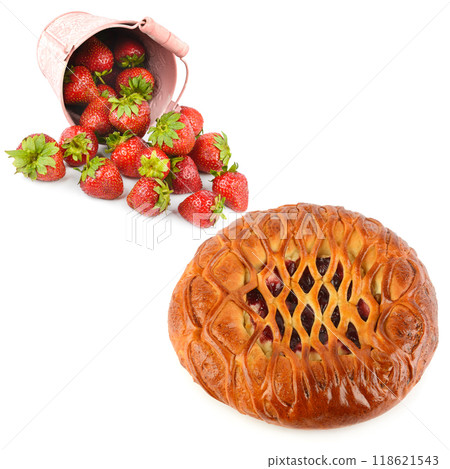 Homemade fruit pie and ripe strawberries isolated on white. Collage. Free space for text. 118621543