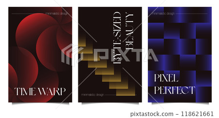 Set of posters or covers templates background design. Collection of creative abstract gradient vibrant colorful retro 3d geometric shapes. Art design for business card, cover, banner. Vector 118621661