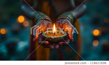 Close up of woman in traditional Indian dress holds Diwali diya lamp with hands decorated with henna 118621696