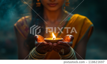 A woman in traditional Indian attire holding a burning Diwali diya lamp in her hands. Faceless image 118621697