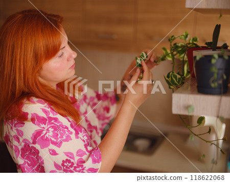 Young woman with beautiful houseplant in pot at home. Concept Taking care of my plants Young woman with beautiful houseplant in pot at home. Concept Taking care of my plants 118622068
