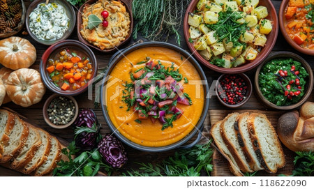 The Harvest Bounty Feast. rustic wooden table laden with array of autumnal dishes, showcasing the season's bounty: roasted root vegetables, creamy pumpkin soup, and hearty apple crumble. 118622090