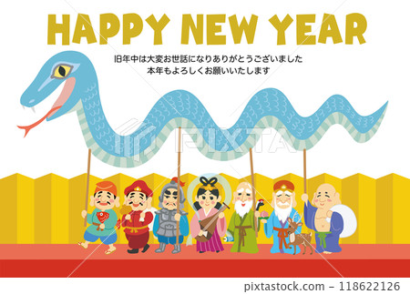 新年賀卡素材插畫蛇年七福神金摺屏新年快樂 118622126