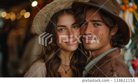 Hispanic Heritage Month . lovely hispanic couple, man and woman looking at each other against Festive Backdrop in city Hispanic Heritage Month . lovely hispanic couple, man and woman looking at each other against Festive Backdrop in city 118622158