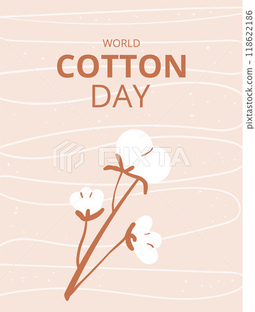 World cotton day banner template. Cotton branch emblem. Purity, innocence, and new beginnings symbols. Vector flat illustration. 118622186