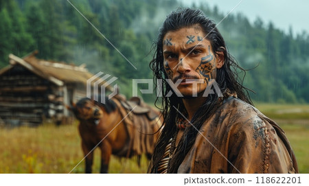 Native American Heritage Month. A cinematic photo of an American Indian man with long black hair and brown skin standing in front of his horse near the wooden hut. Native American Heritage Month. A cinematic photo of an American Indian man with long black hair and brown skin standing in front of his horse near the wooden hut. 118622201