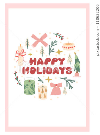Happy Holidays greeting card. Winter festive round emblem with lettering poster. New year vertical banner. Christmas party flyer template. Vector hand drawn flat illustration 118622206