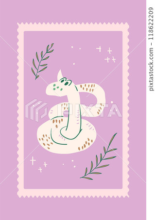 Snake poster. Reptile animals background. Vibrant post stamp card. Vector hand drawn flat illustration 118622209