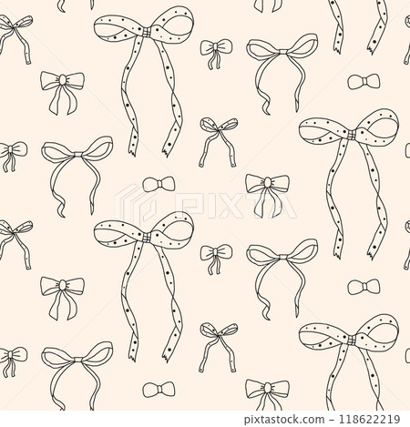 Bow seamless pattern. Decorative band endless background. Bowknot continuous ornament. Vector hand drawn doodle illustration. 118622219