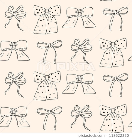 Bow doodle seamless pattern. Decorative band endless background. Coquet gift and present beauty accessories repeat cover. Bowknot continuous ornament. Vector hand drawn illustration. 118622220