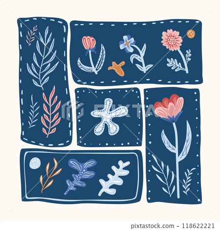 Vector patchwork-style illustration featuring various hand-drawn flowers and leaves on a blue background with stitched details. Vector patchwork-style illustration featuring various hand-drawn flowers and leaves on a blue background with stitched details. 118622221