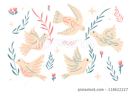 Doves of peace folk set. Flying pigeon holding an olive branch kit. Vector hand drawn birds collection illustration isolated on white background. 118622227