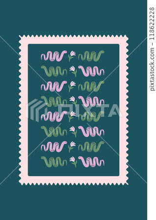 Snakes poster. Reptile animals background. Dark card. Vector hand drawn flat illustration 118622228