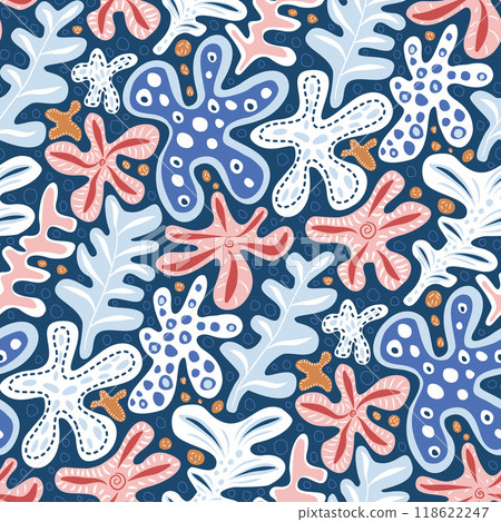 Abstract organic seamless pattern. Boho style endless background. Folk repeat cover. Blue and red continuous ornament. Surface pattern design sea motif. Vector hand drawn illustration. 118622247