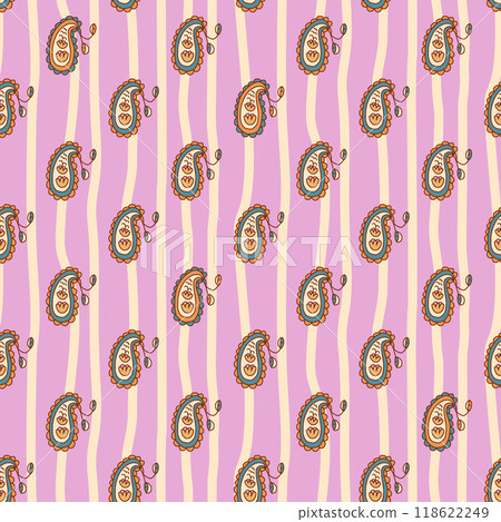Paisley striped seamless pattern. Foulard ornament endless background. Cucumber drops vibrant surface pattern design motif. Vector hand drawn illustration. 118622249