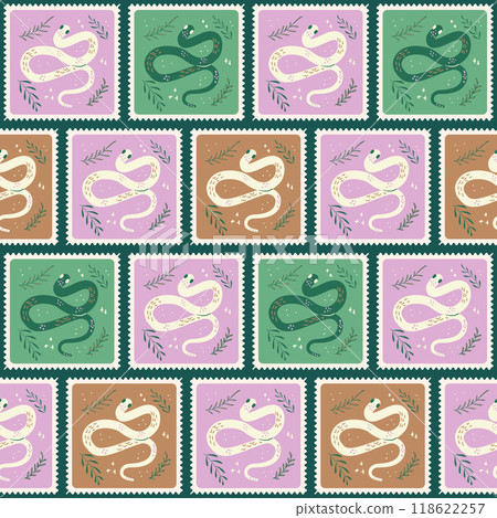 Snakes quilted seamless pattern. Reptiles patchwork Chinese New Year repeat background. Animal surface pattern design. Vector hand drawn illustration. 118622257