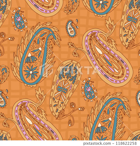 Paisley seamless pattern. Ethnic modern checked endless background. Surface pattern design motif. Vector hand drawn illustration. 118622258