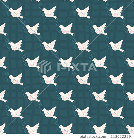 Seamless pattern with white doves holding olive branches on a dark checked background. Surface pattern design night birds motif. Vector hand drawn flat illustration. Seamless pattern with white doves holding olive branches on a dark checked background. Surface pattern design night birds motif. Vector hand drawn flat illustration. 118622259
