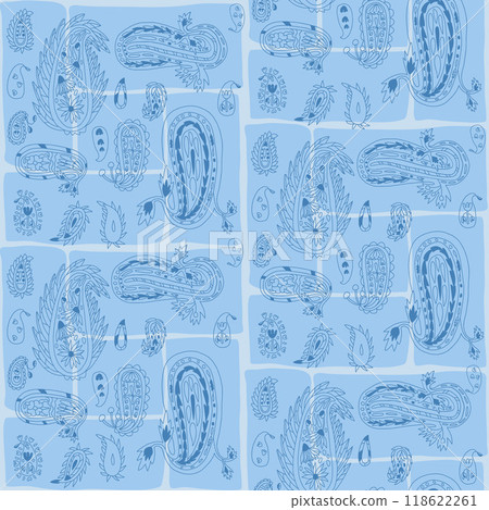 Paisley blue line seamless pattern with various floral and drops ornament elements arranged in rectangular segments. Patchwork monochrome endless background. Vector hand drawn outline illustration. 118622261