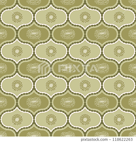 Chrysanthemum damask seamless pattern. Flower arch repeat background. Floral retro endless design. Vector hand drawn illustration 118622263