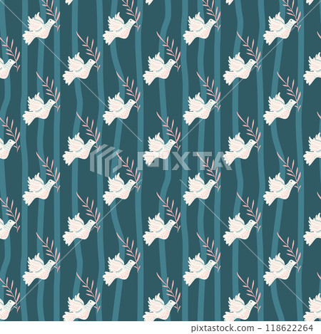 Seamless pattern with white doves holding olive branches on a dark teal background. Surface pattern design birds motif. Vector hand drawn flat illustration. 118622264