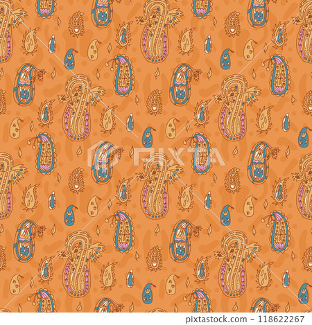 Paisley seamless pattern. Warm colors continuous ornament. Surface pattern design autumn motif. Vector hand drawn illustration. 118622267