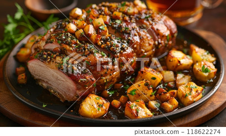 Cider . A Symphony of Flavors: Indulge in a pork roast glazed with cider, the sweet and tangy flavors of the cider enhancing the savory richness of the pork. 118622274