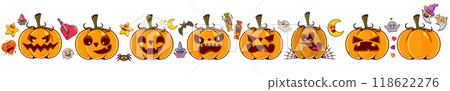 Set pumpkins on white transparent background. Orange pumpkins with smile, ghosts, spiders, witch hats for your design for the holiday Halloween. October holiday design elements. Vector illustration. 118622276