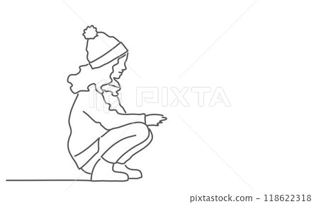Girl in a hat is crouching down Girl in a hat is crouching down 118622318
